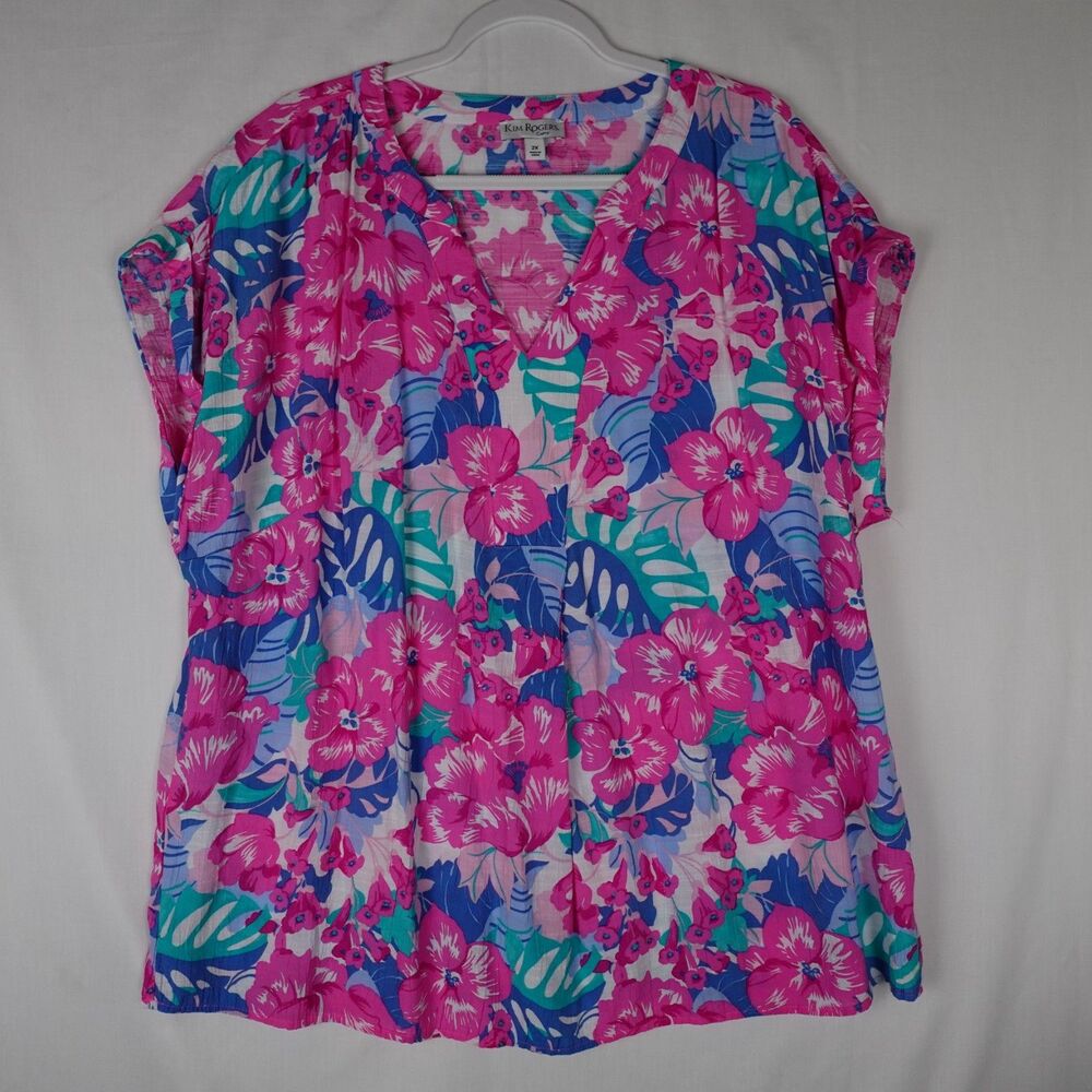 Kim Rogers Curvy Blouse 2X Plus Sz Pink Floral Tropical Colorful Hawaii Vacation